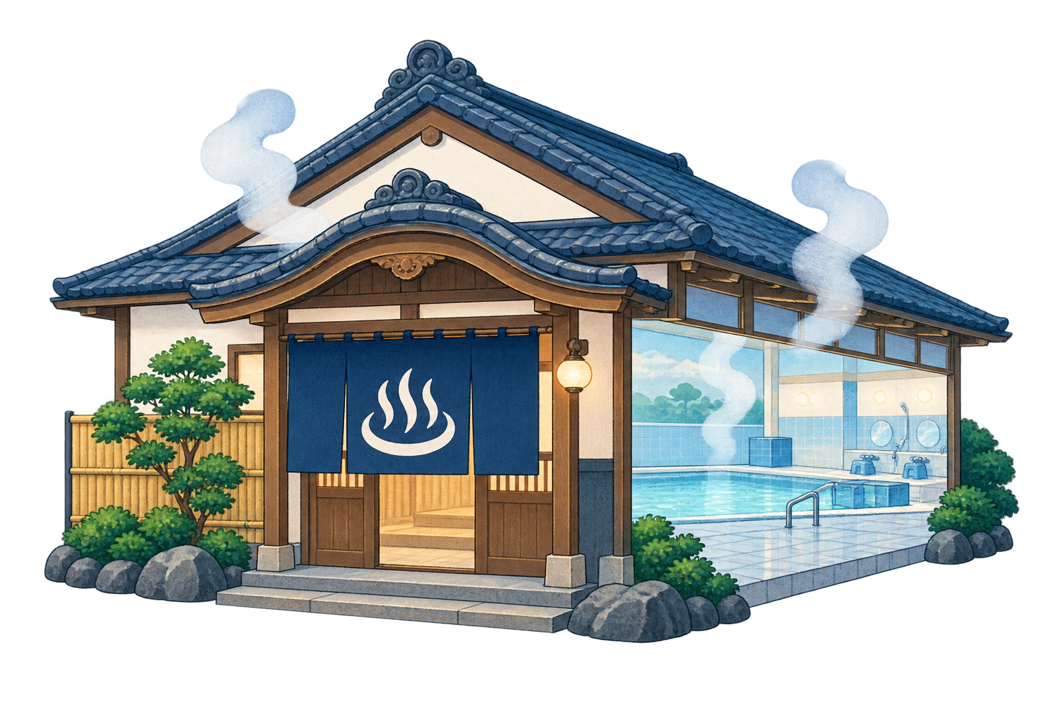 暖簾と湯気のある公衆浴場のイラスト
